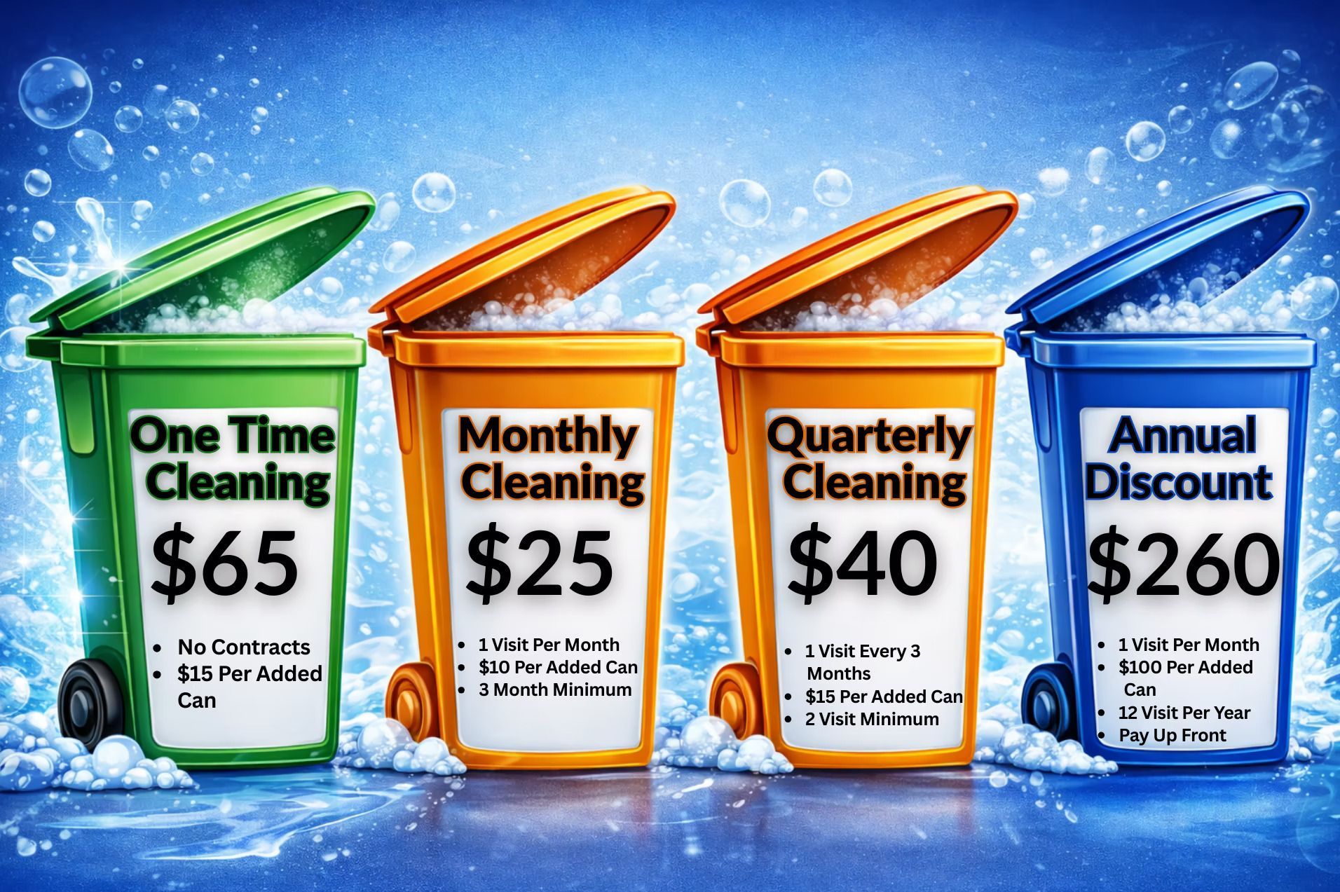 Four colorful cleaning plan buckets show One Time $65, Monthly $25, Quarterly $40, and Annual Discount $260.