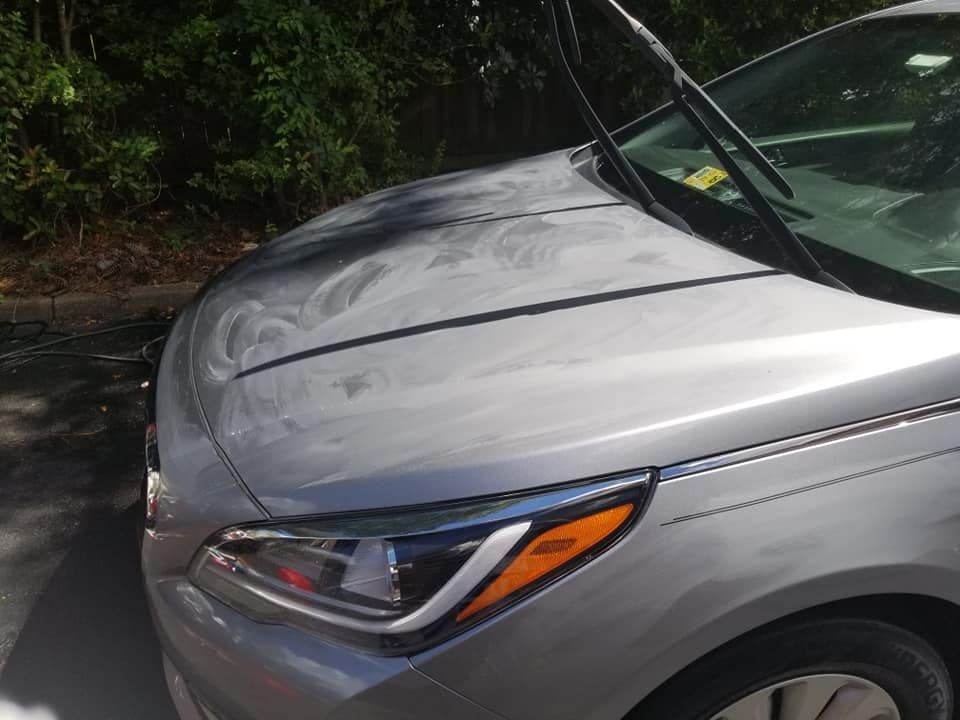 A silver car hood covered in white, circular streaks of polish or wax residue, parked near trees.