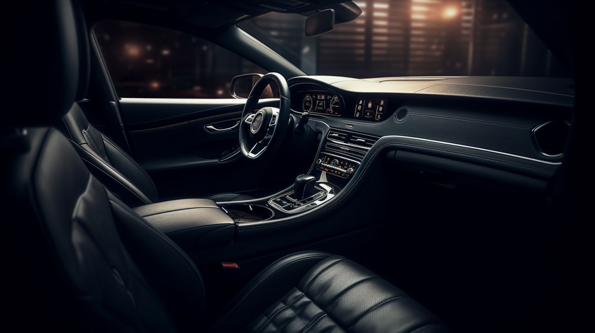 Spotless black leather seats and dashboard after interior car detailing service.