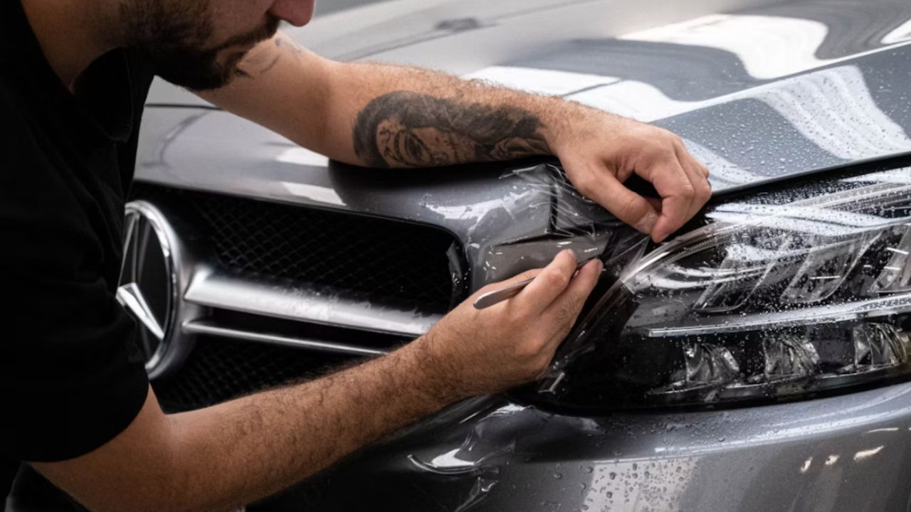  An auto detailing professional waxing the hood of a car. 
