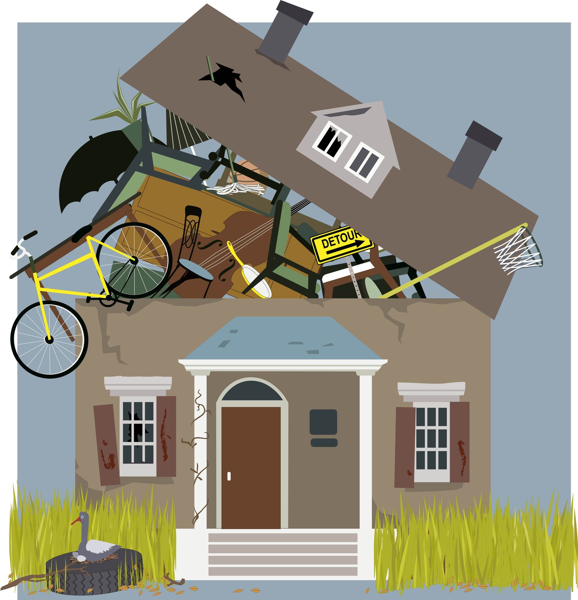 A house with a lot of junk on top of it