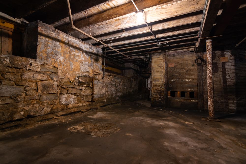 An empty basement with stone walls and wooden beams.