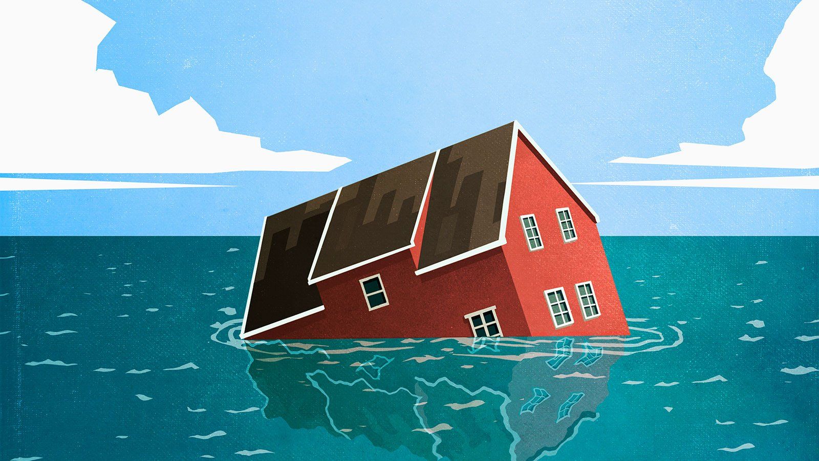 A red house is floating in the middle of the ocean.