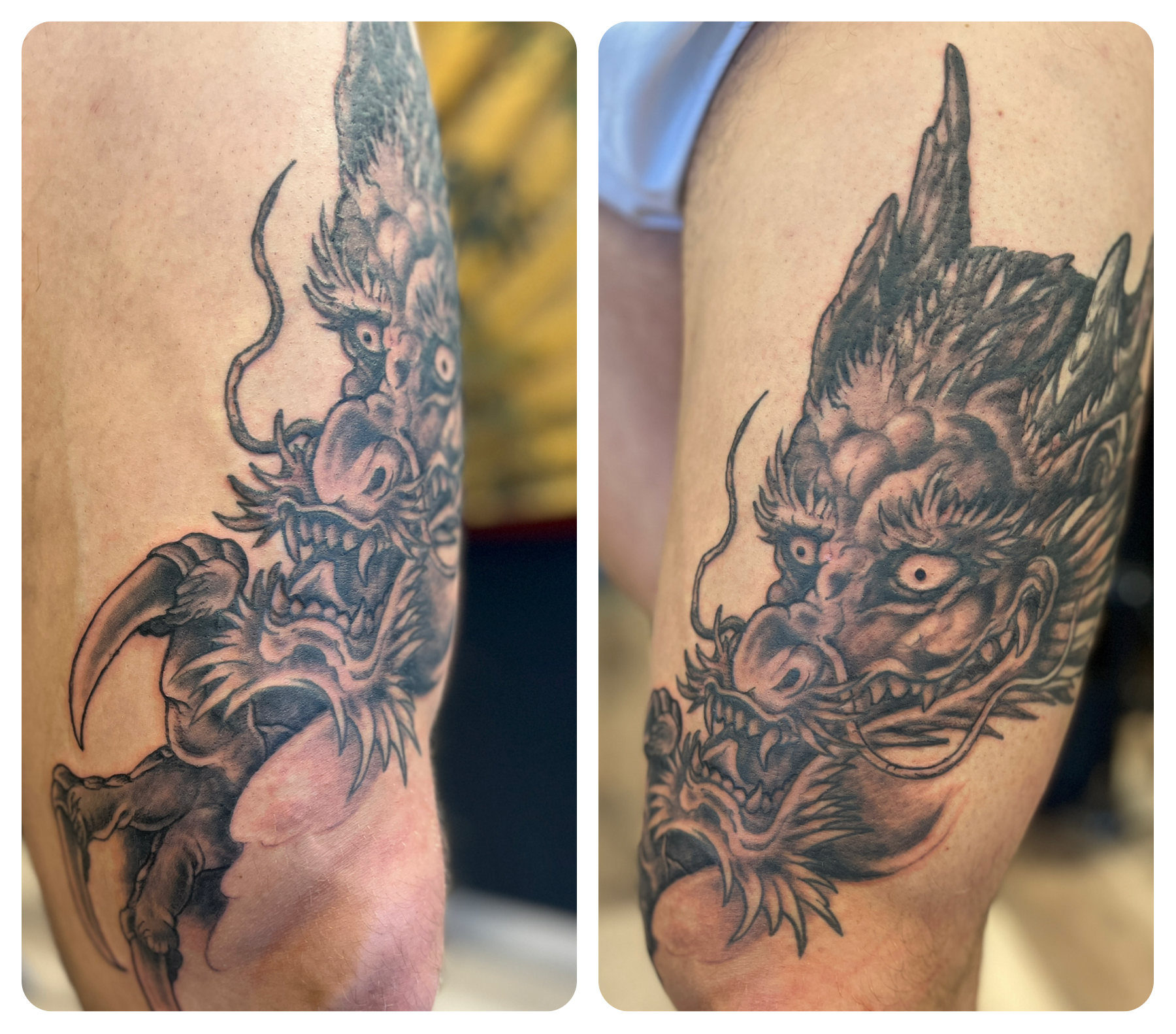 Twee zwart-grijze oni-maskertatoeages op de huid van een persoon, vanuit twee verschillende hoeken gefotografeerd.