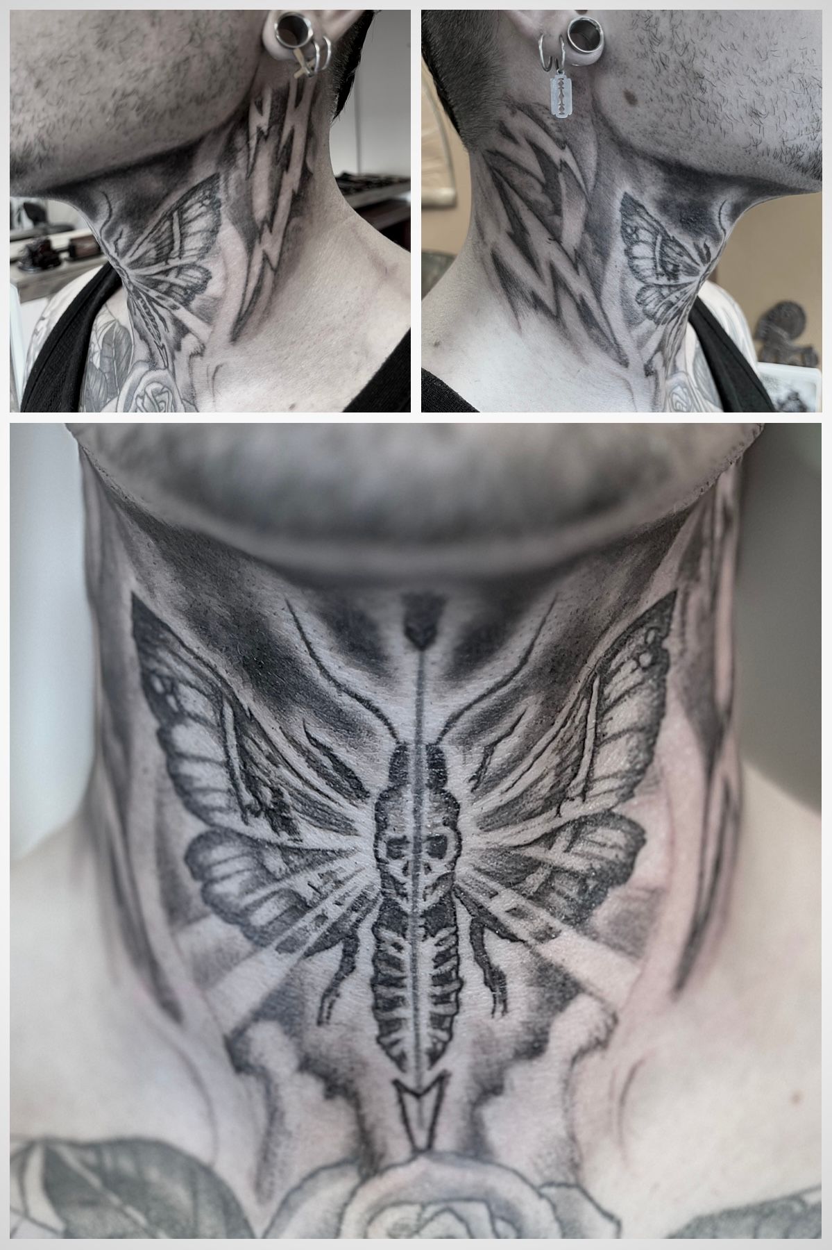 Zwart-grijze mottentattoo op de nek en bovenkant van de borst, getoond in drie close-upweergaven.