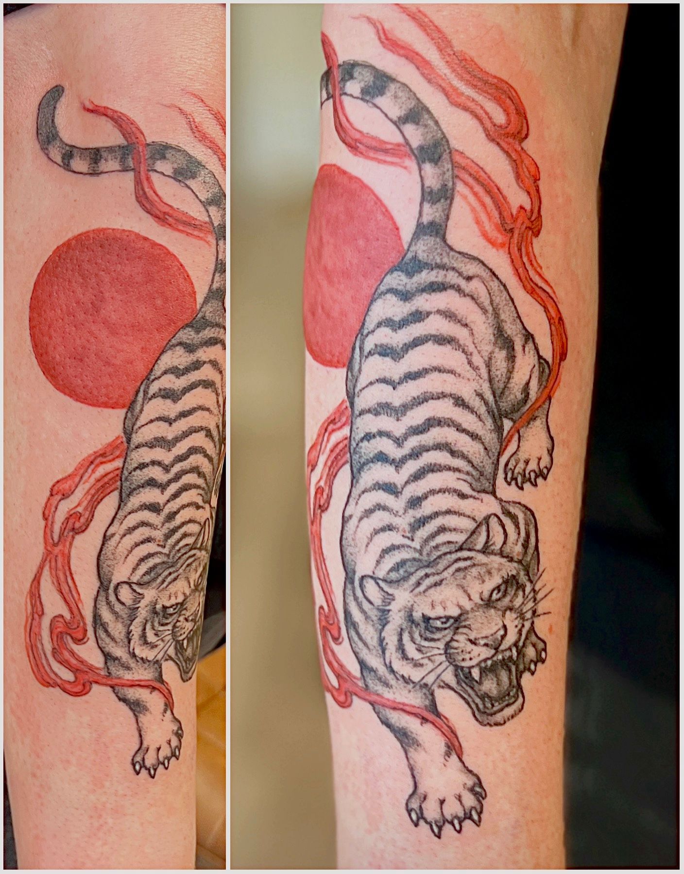 De voortgang van twee tatoeages naast elkaar: een witte tijger boven een rode zon, waarbij de rechter tatoeage gedetailleerder is.