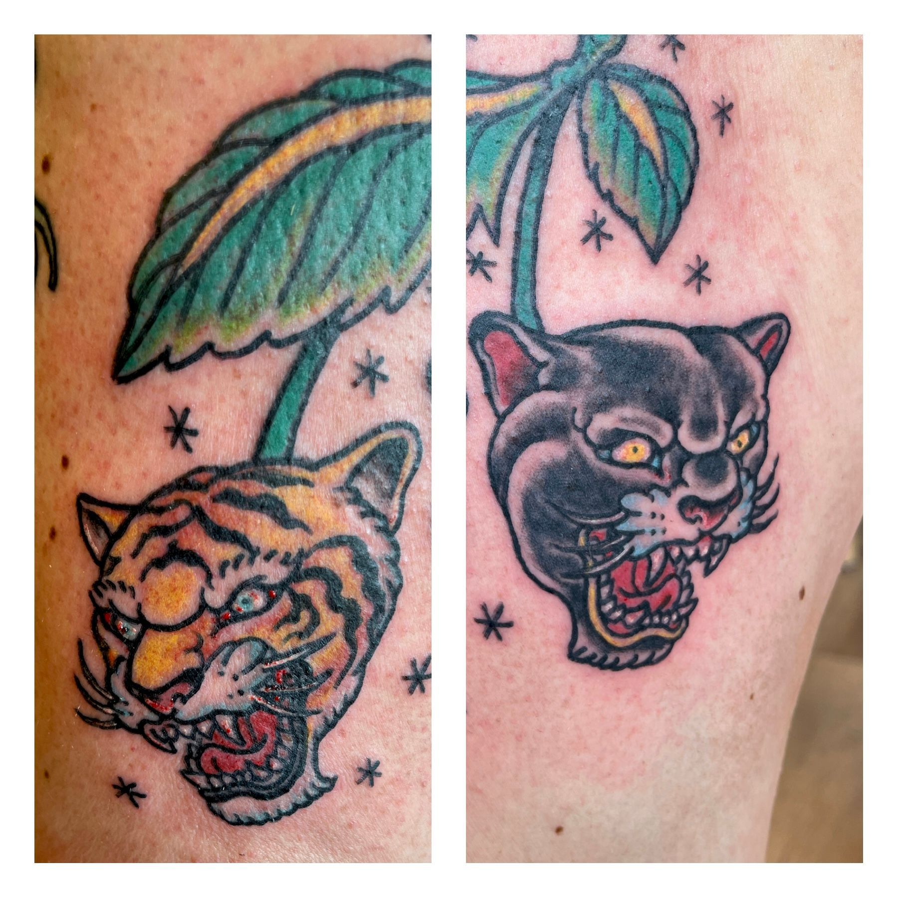 Twee kleine, kleurrijke tatoeages van een tijger en een panter met sterren en groene bladeren op de huid.