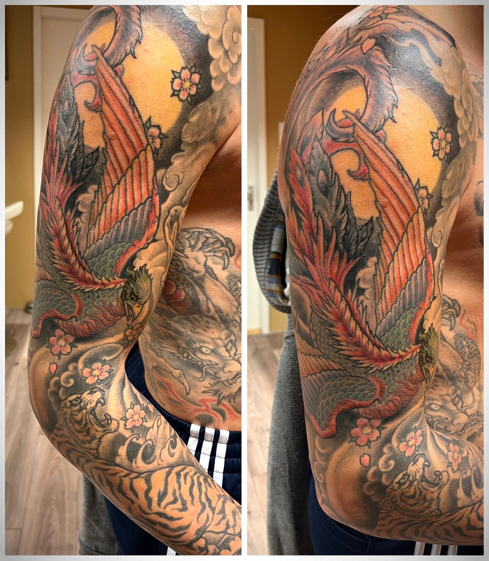 Close-up van een getatoeëerde arm en romp met een grote rood-oranje drakentattoo.