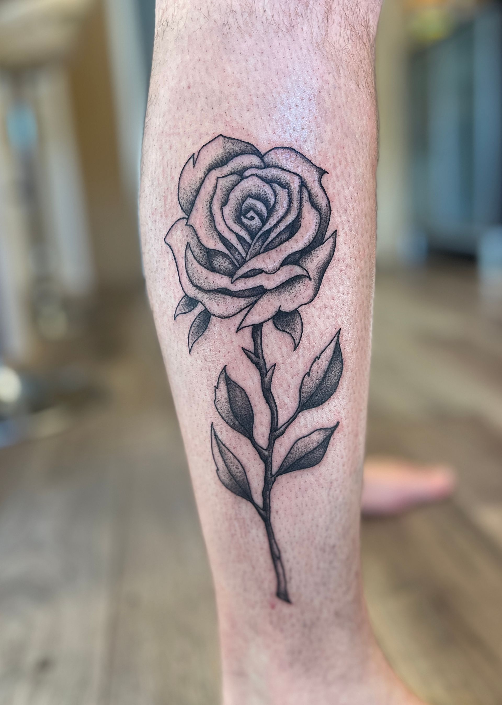 Tattoo van een zwarte roos op een onderbeen tegen een wazige binnenachtergrond.