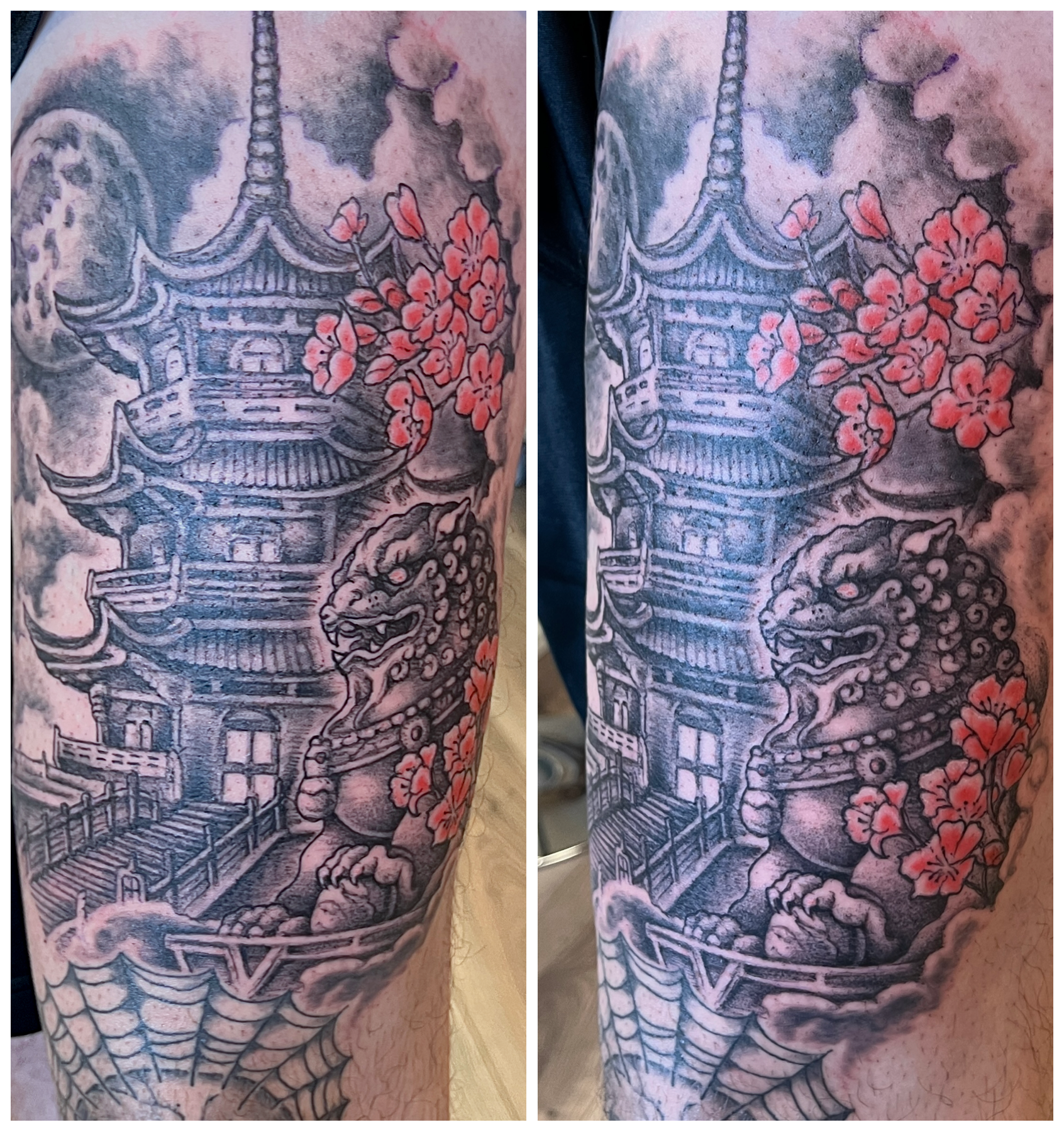Een close-up van een Japanse pagode met rode kersenbloesems en donkerblauwe schaduwen, naast elkaar weergegeven.