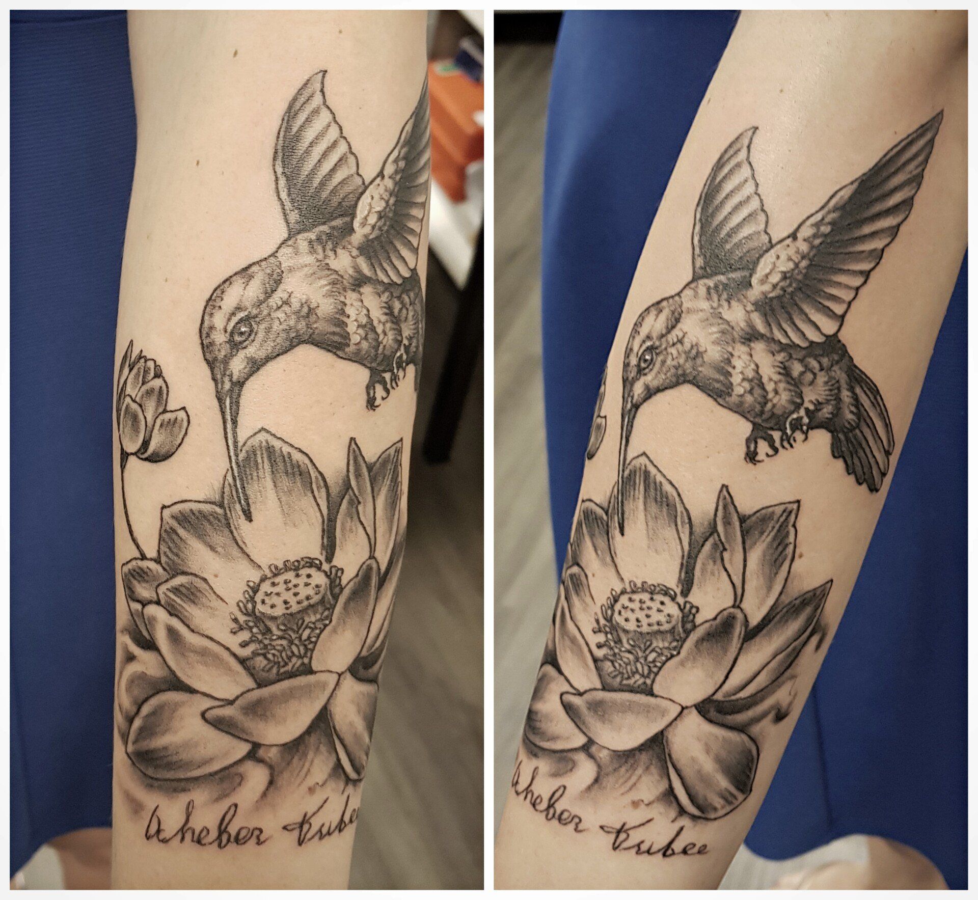 Twee aanzichten van een tatoeage op de onderarm met een kolibrie, een lotusbloem en sierlijke zwarte inkt.