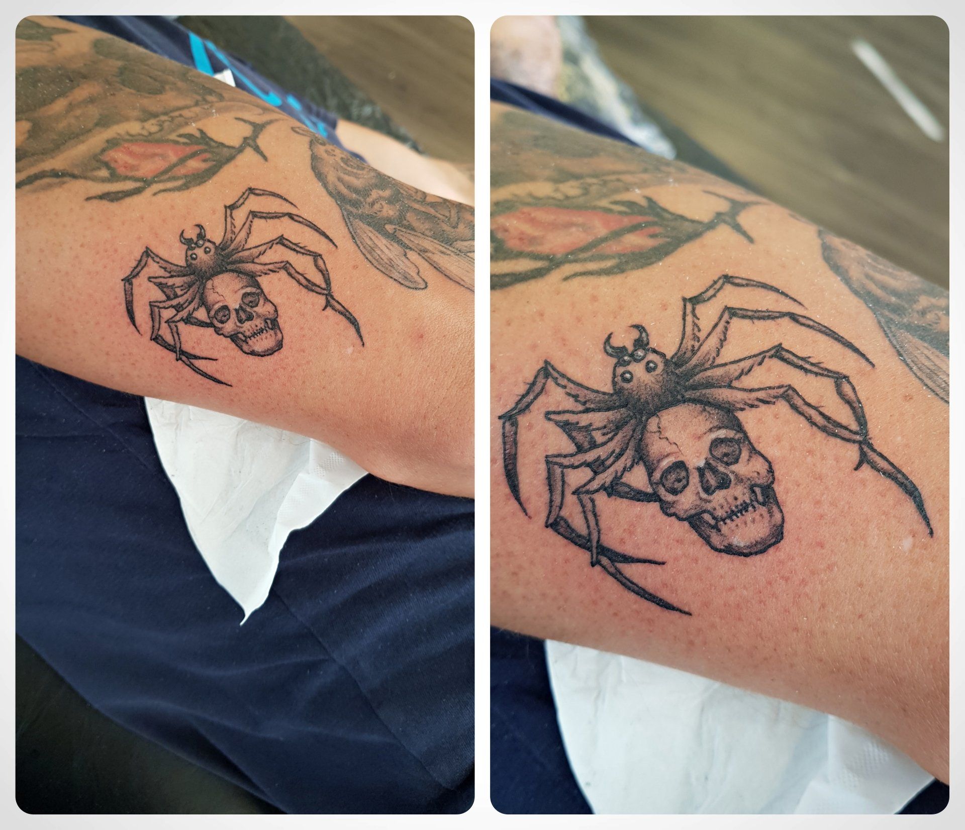Twee close-upfoto's van een zwarte spinnentattoo op de onderarm van een persoon, met groene bladaccenten.