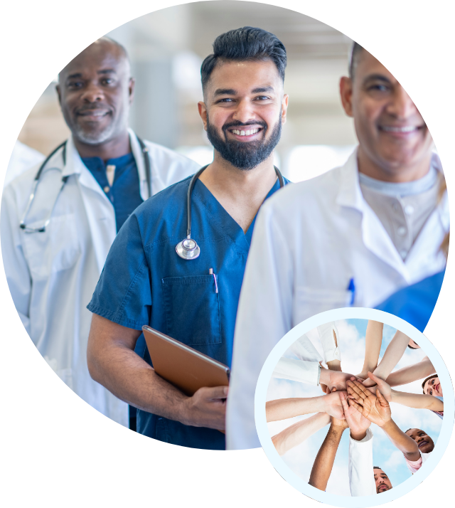 a group of doctors and nurses are standing next to each other and putting their hands together .