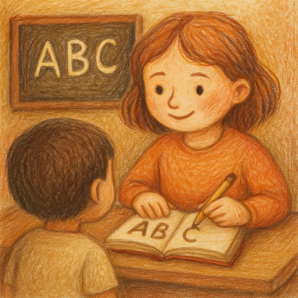 Uma menina está ensinando um menino a escrever as letras abc