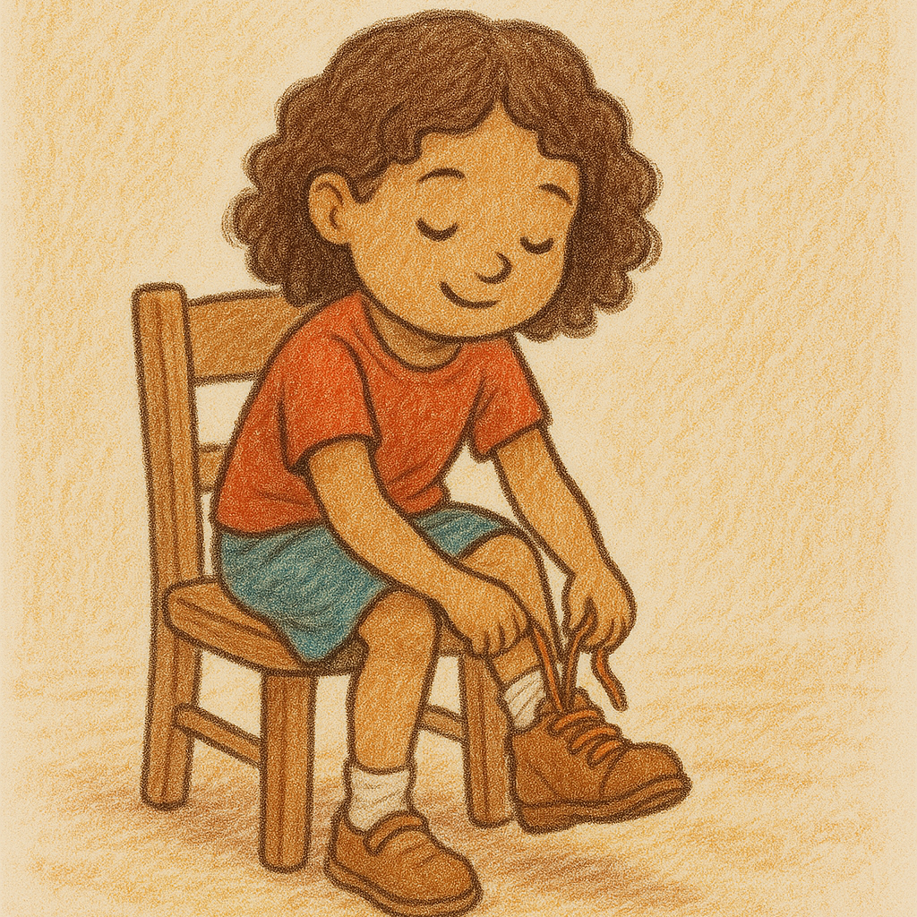 Uma garotinha está sentada em uma cadeira amarrando os sapatos