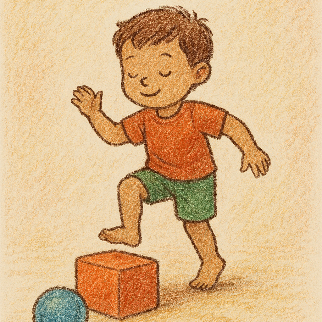 Uma criança está em pé sobre um cubo ao lado de uma bola