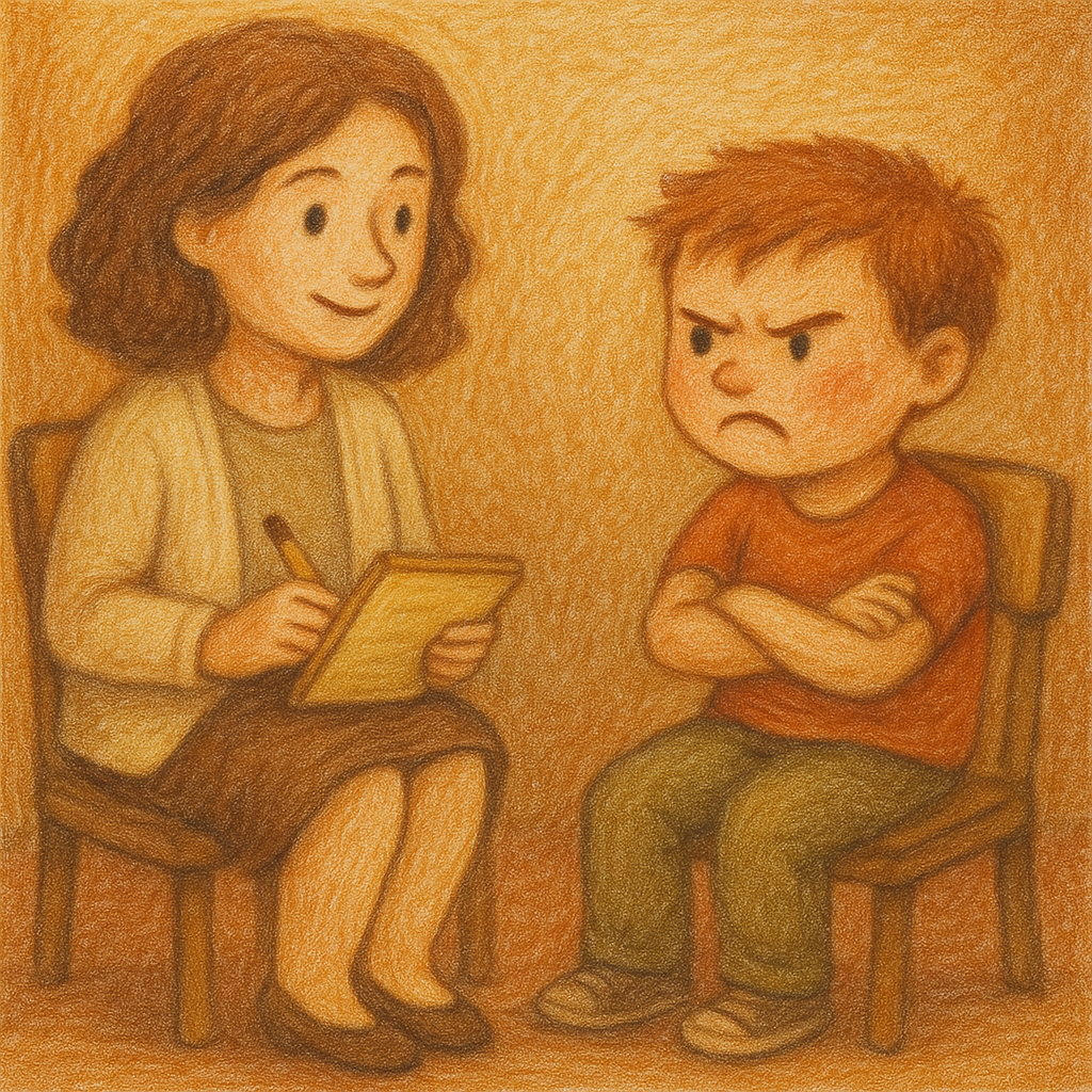 Uma mulher está segurando uma prancheta e conversando com um menino irritado