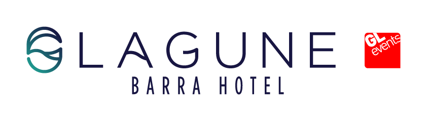 Logotipo do Lagune Barra Hotel com design de água turquesa, texto azul escuro e um quadrado vermelho com 