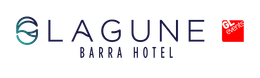 Logotipo do Lagune Barra Hotel com design de água turquesa, texto azul escuro e um quadrado vermelho com 