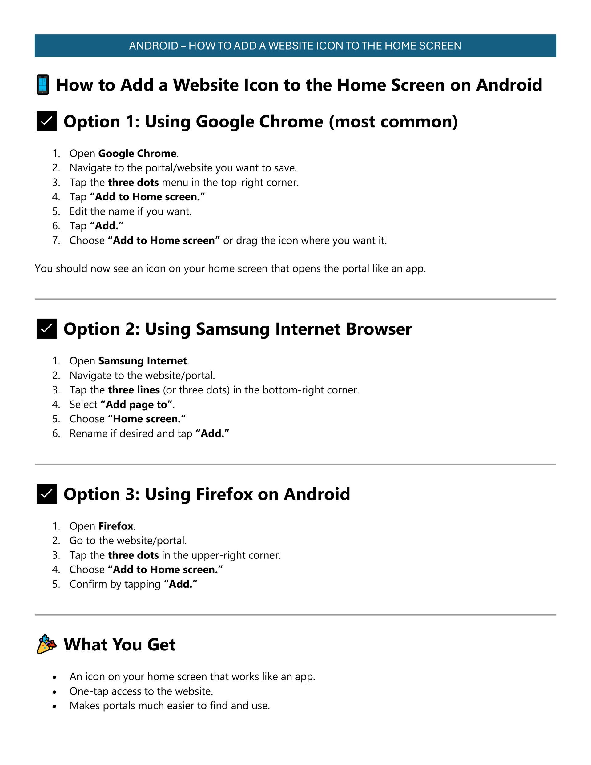 Guide page on adding a website icon to an Android home screen, with Chrome, Samsung Internet, and Firefox options