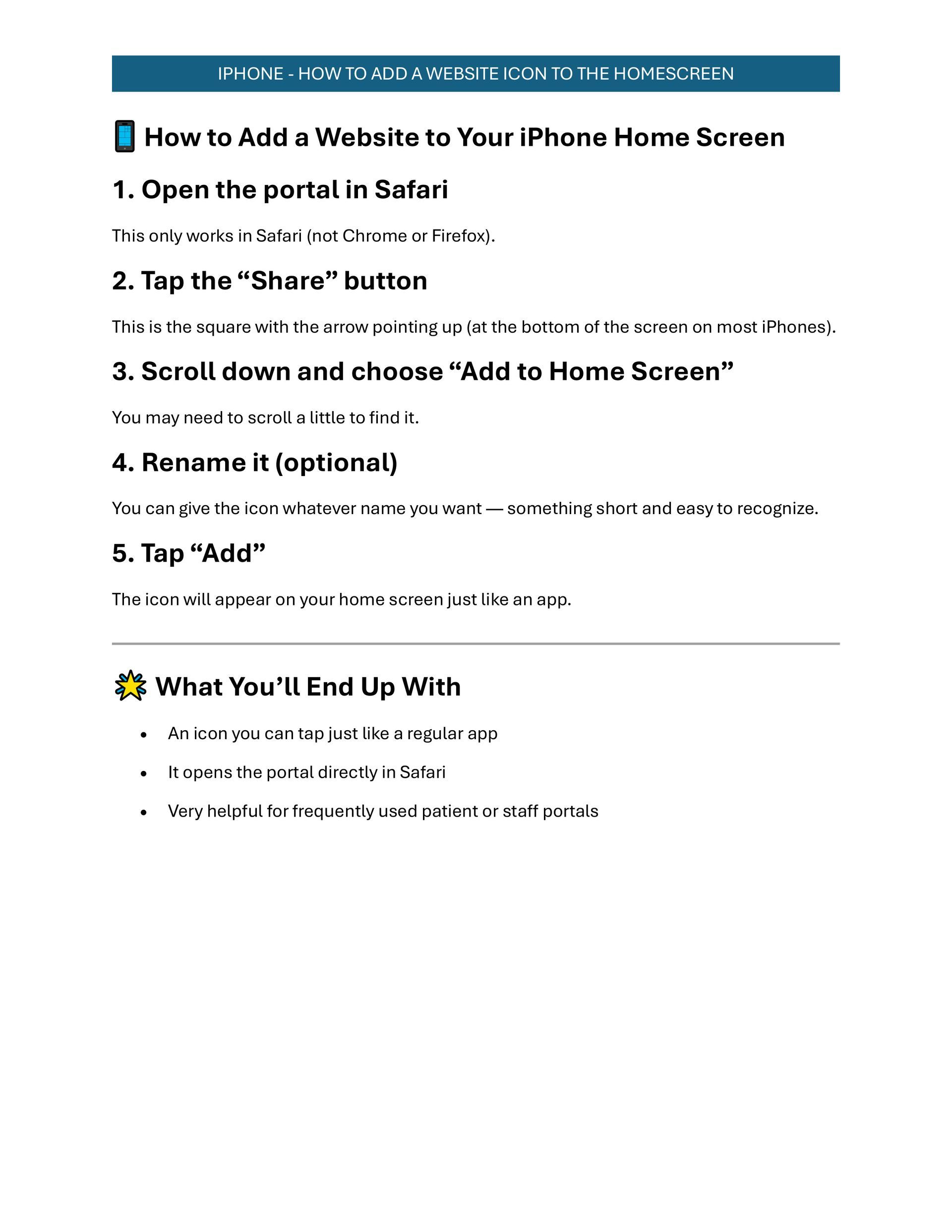 Tutorial page with steps for adding a website to the home screen, featuring a blue header and bullet points
