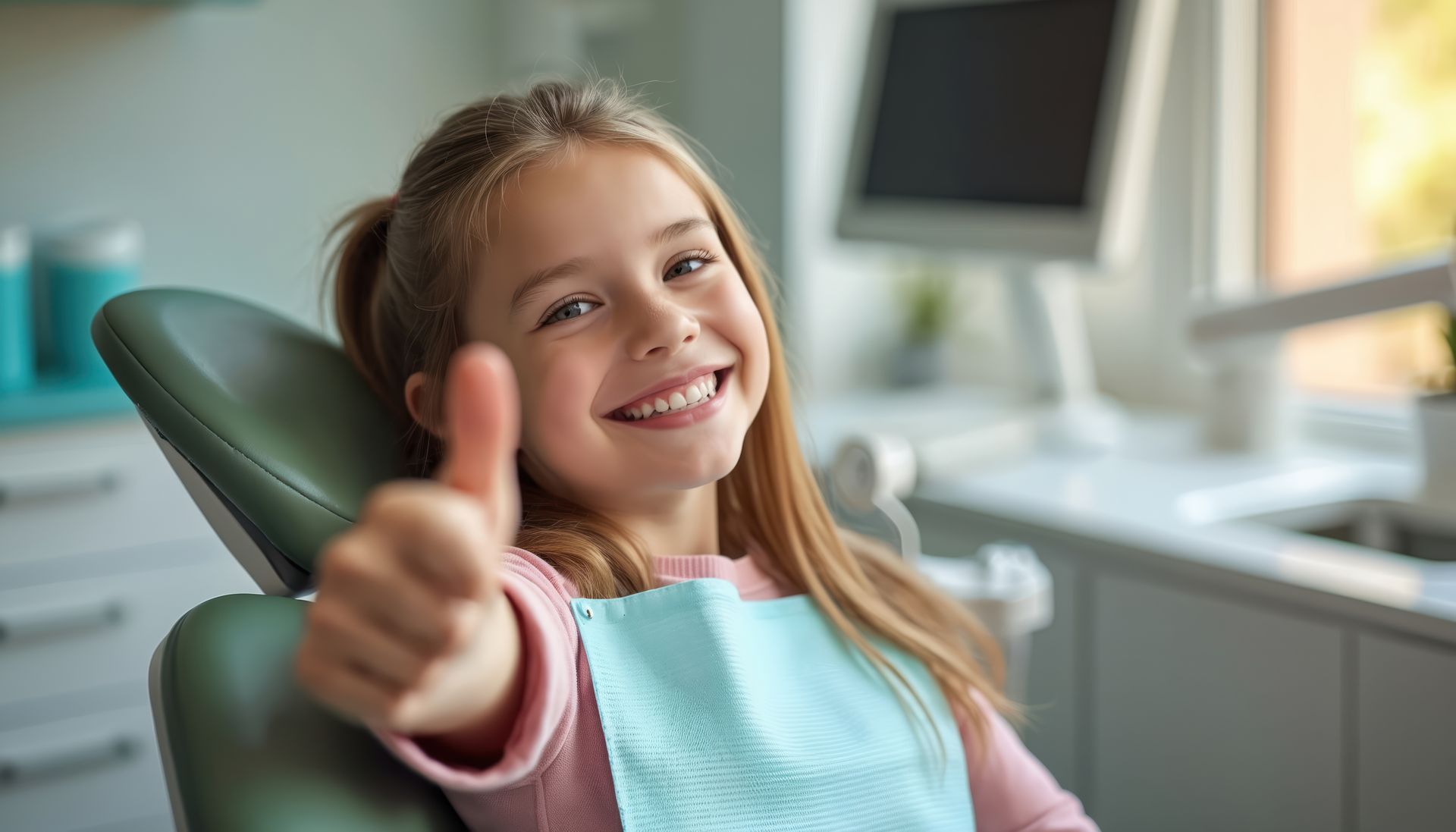 Happy girl giving thumbs up at a children's doctor visit for a healthy and bright smile.