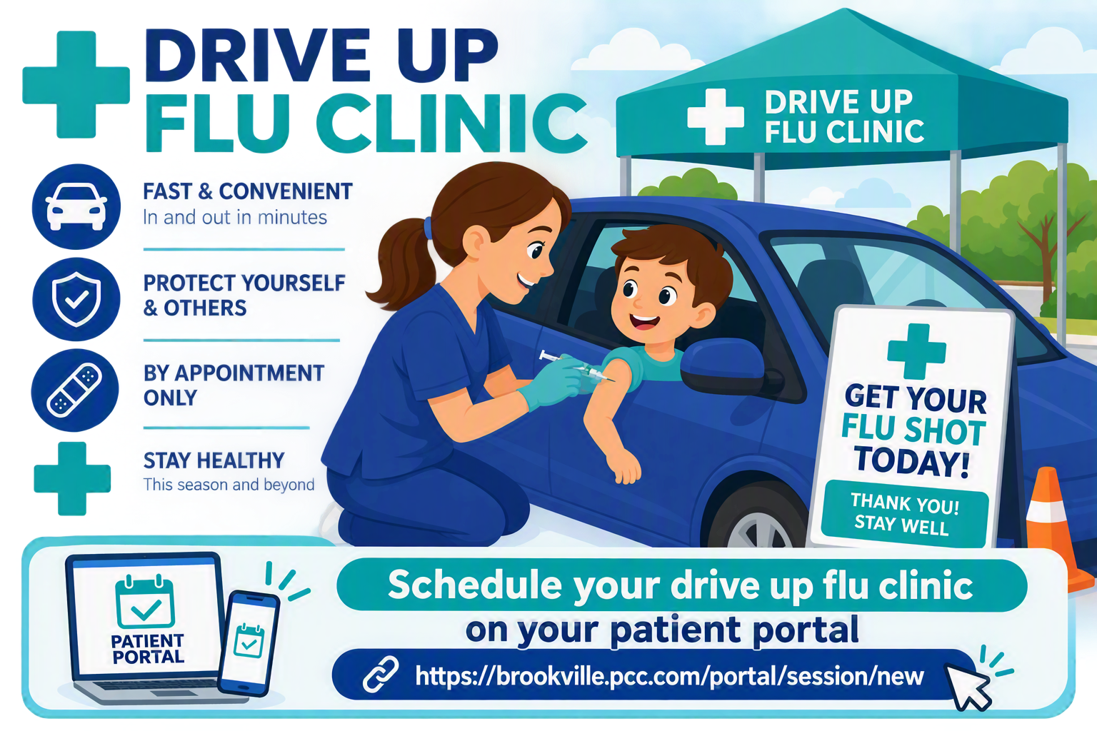 Car carrying a flu shot clinic graphic with a plus sign between them