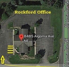 Aerial map of Rockford office at 8485 Algoma Ave NE, with entrance marked by yellow arrows.