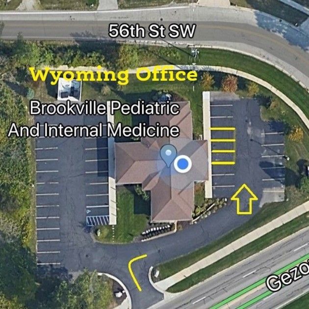 Aerial map view of Wyoming Office and Brookville Pediatric and Internal Medicine parking lot and entrances