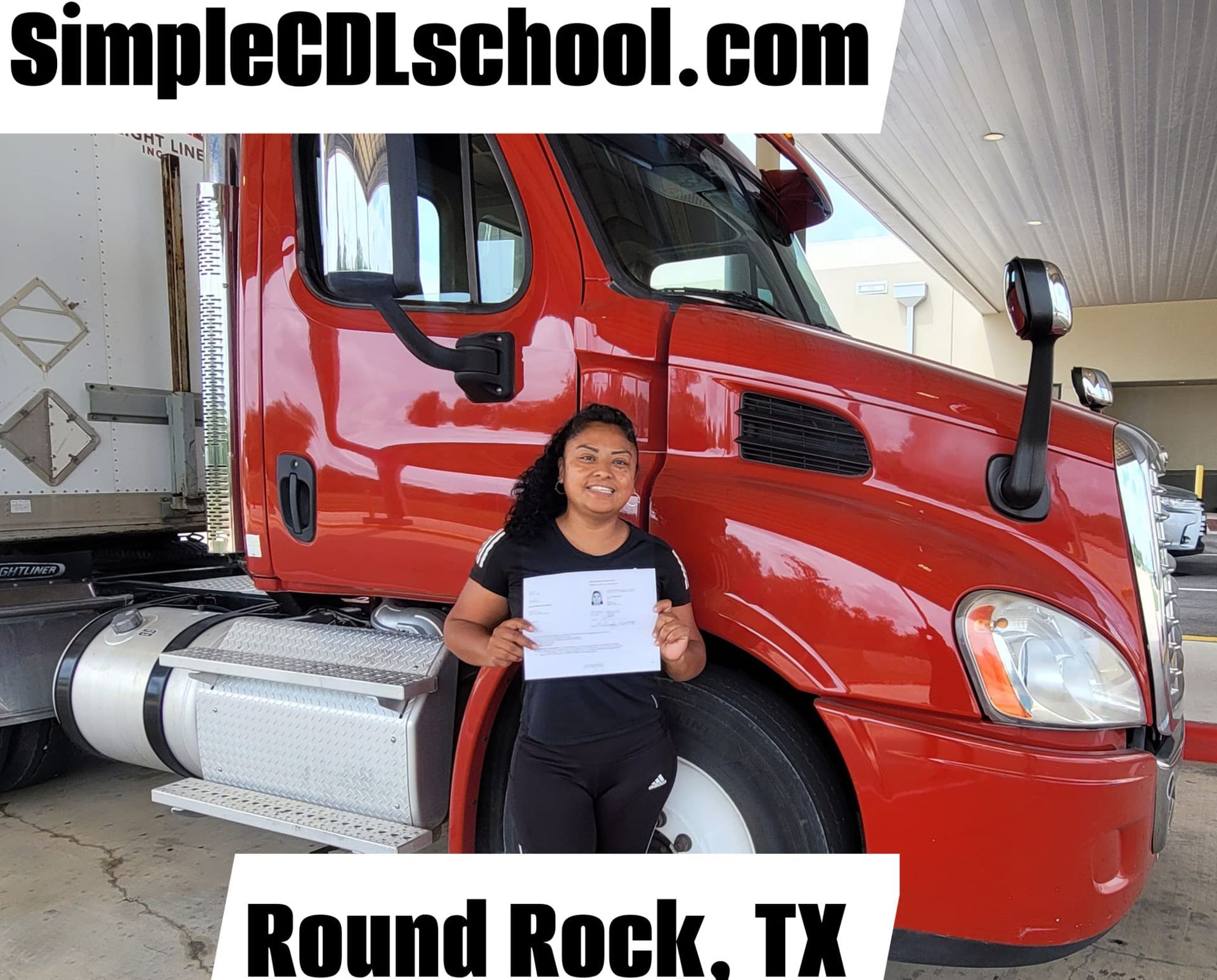 A person stands in front of a large red semi-truck in Round Rock, TX, smiling while holding a certificate.
