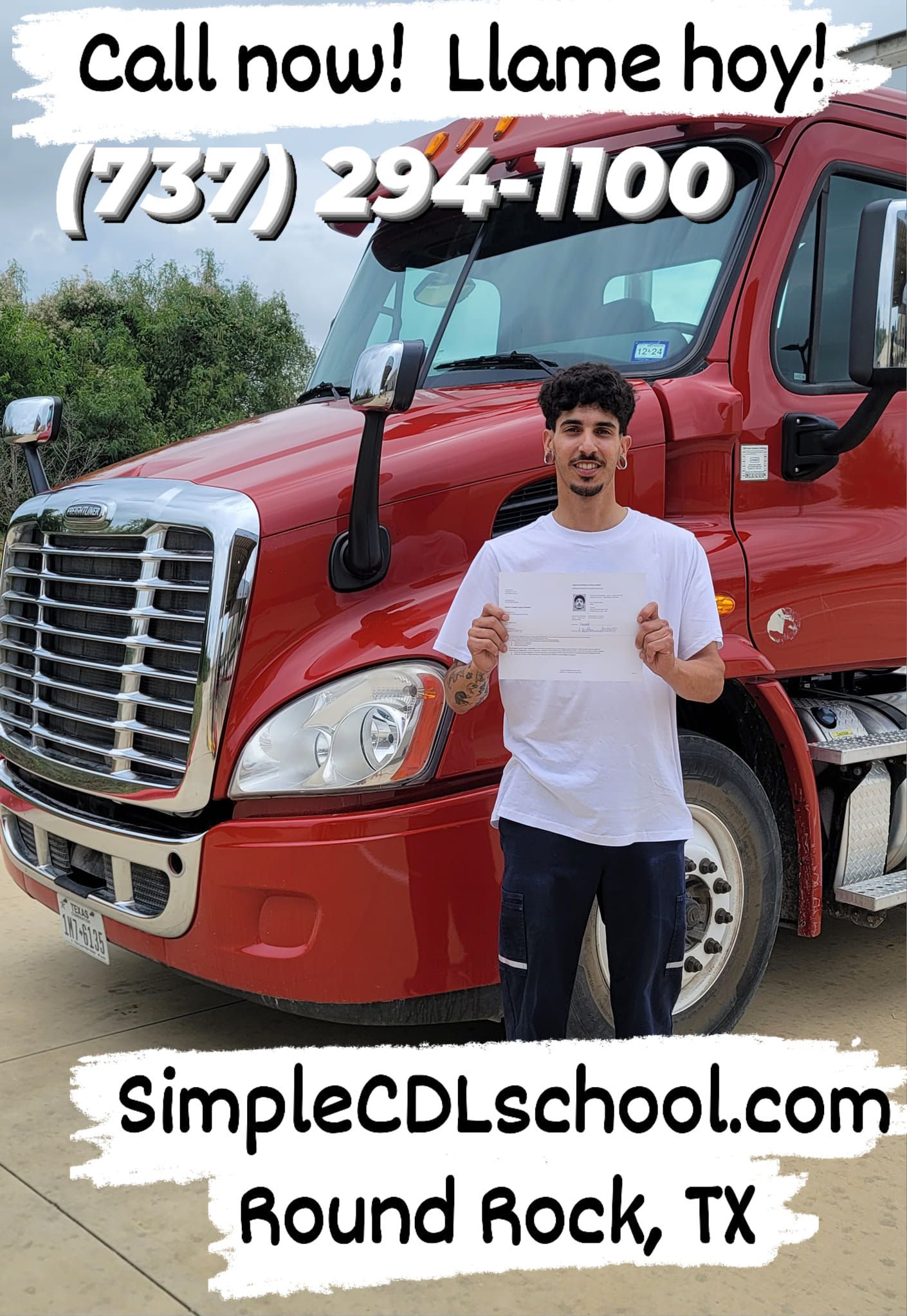 A person standing in front of a large red truck holding a document, with text for SimpleCDLschool.com in Round Rock, TX.
