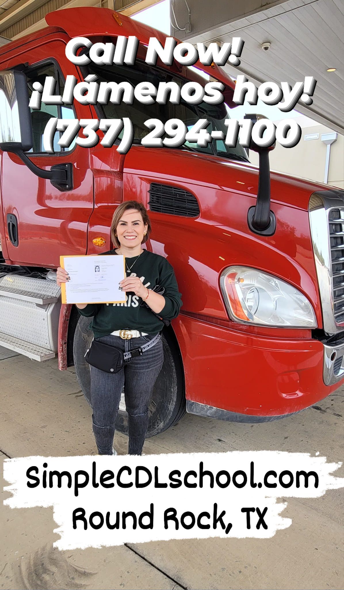 A person holds a sign in front of a red semi-truck. Text advertises a CDL school in Round Rock, TX, with a phone number.