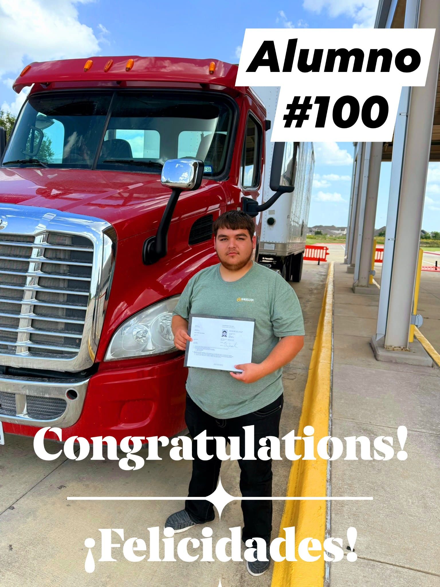A person holding a certificate in front of a red semi-truck, with text overlay celebrating
