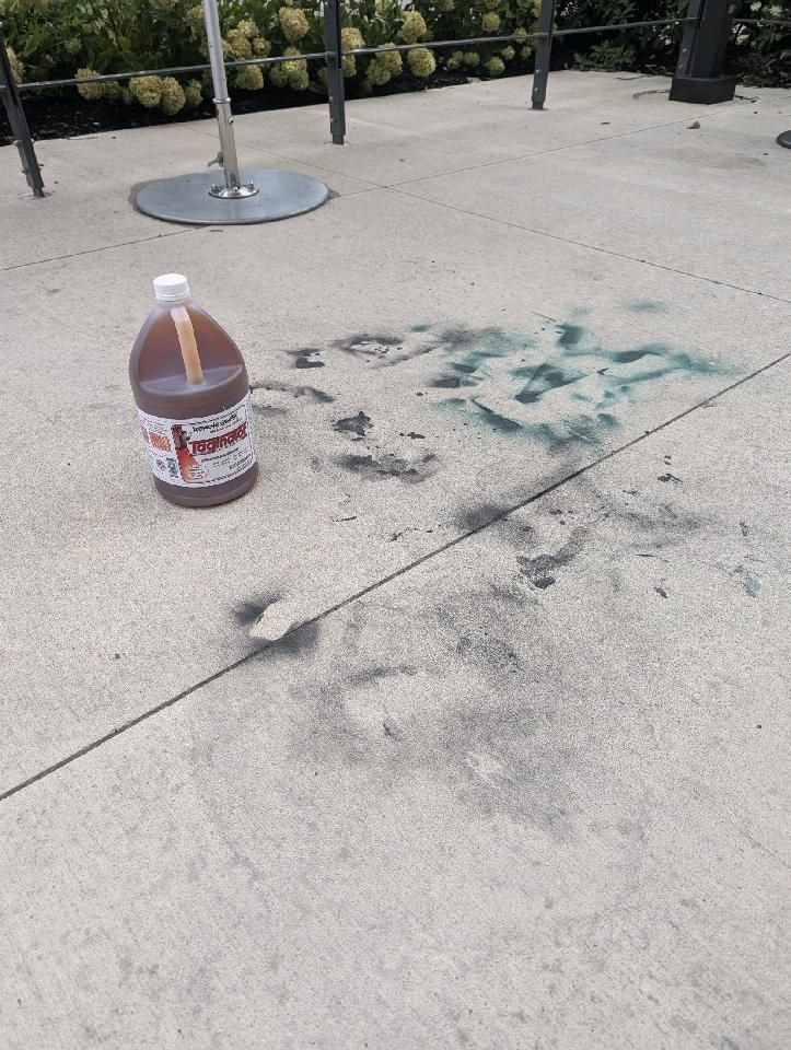 A gallon of liquid is sitting on a concrete surface next to a green stain.