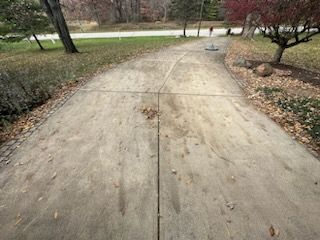 A concrete driveway with a lot of leaves on it before clean.