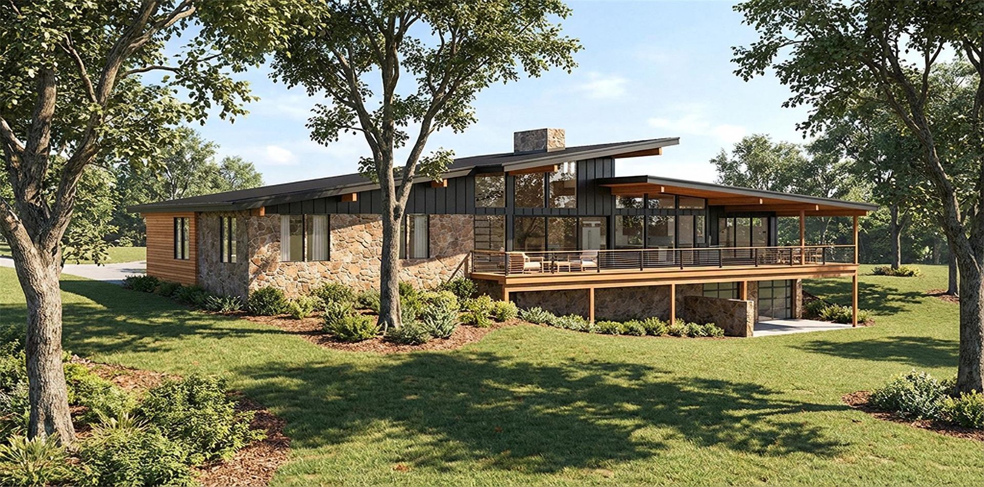 Modern white house with stone accents, two-car garage, and a curved driveway in a sunny setting.