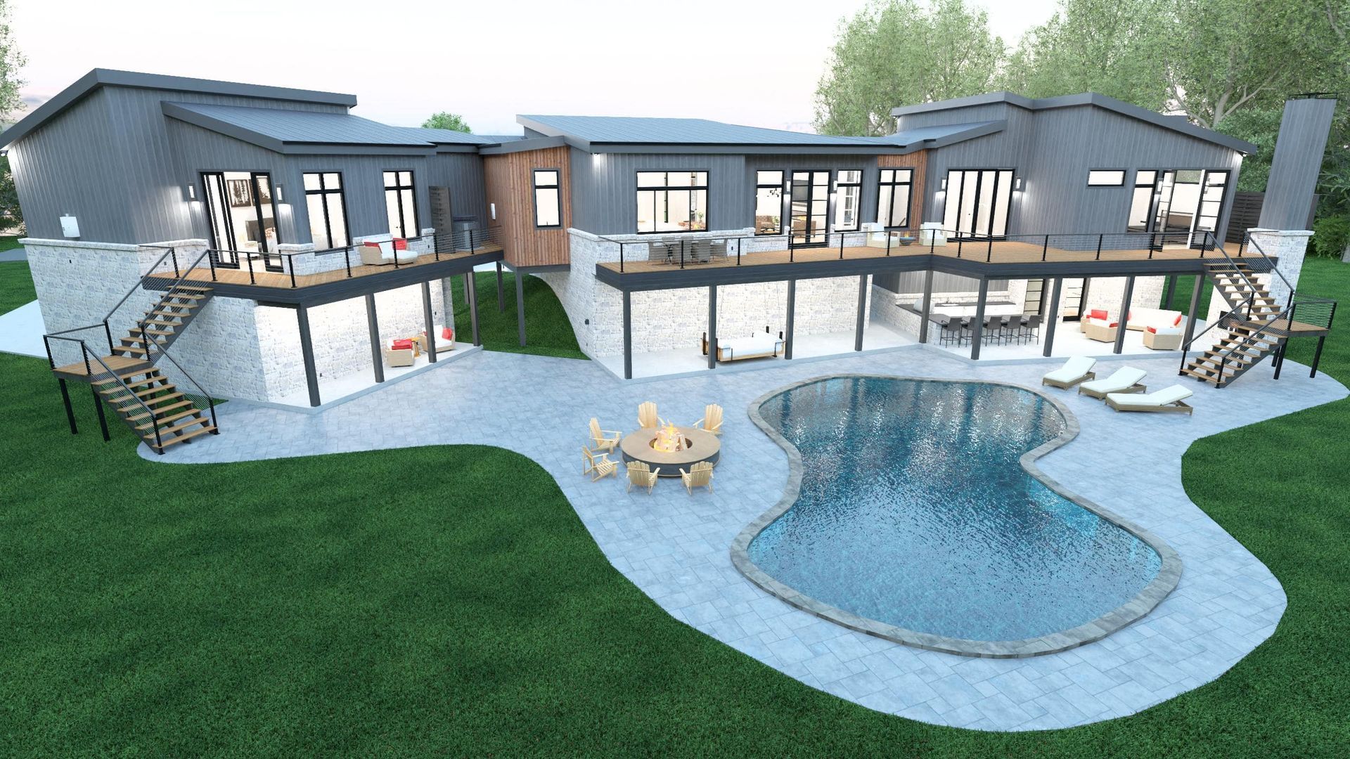 Modern white house with stone accents, two-car garage, and a curved driveway in a sunny setting.