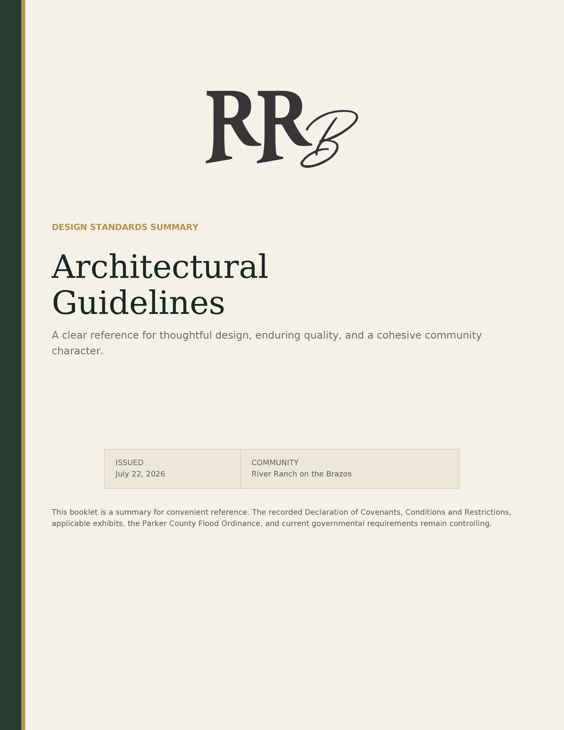 Architectural Guidelines document cover with RR logo on a beige background