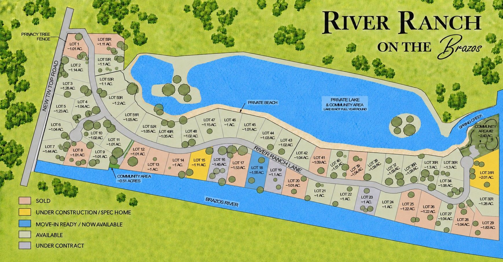 Map of a residential area with a lake, trees, and a winding road.