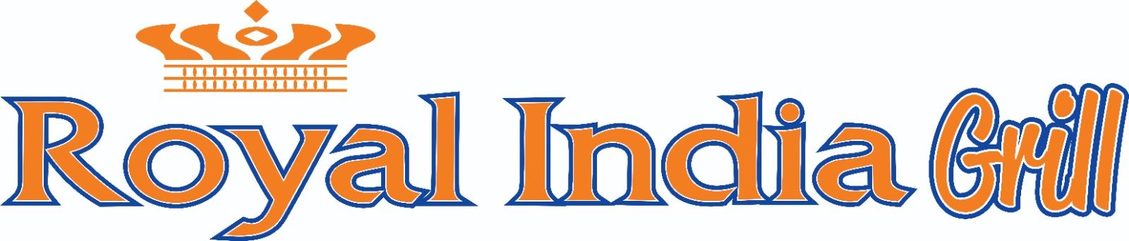 Royal India Grill logo: Orange text with blue outline and a crown icon.