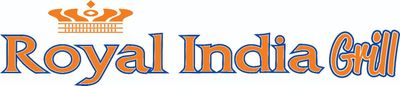 Royal India Grill logo: Orange text with blue outline and a crown icon.