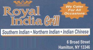 Royal India Grill restaurant logo with address, offering Southern, Northern, & Indian Chinese cuisine; states 