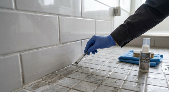Blue-gloved hand cleaning white tiled grout with a spray bottle and cloth on a countertop.