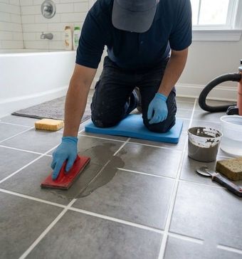Worker presses gray wall tiles during bathroom renovation