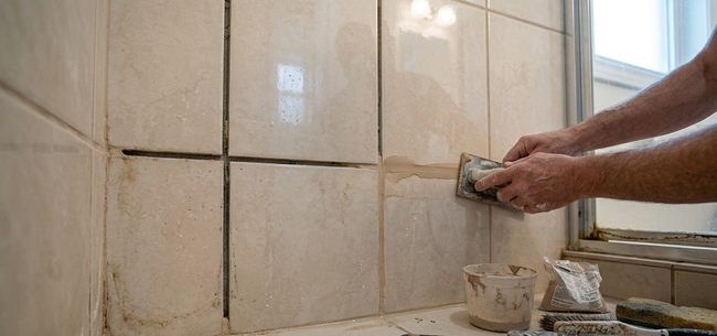Hands applying grout to beige bathroom wall tiles with a trowel