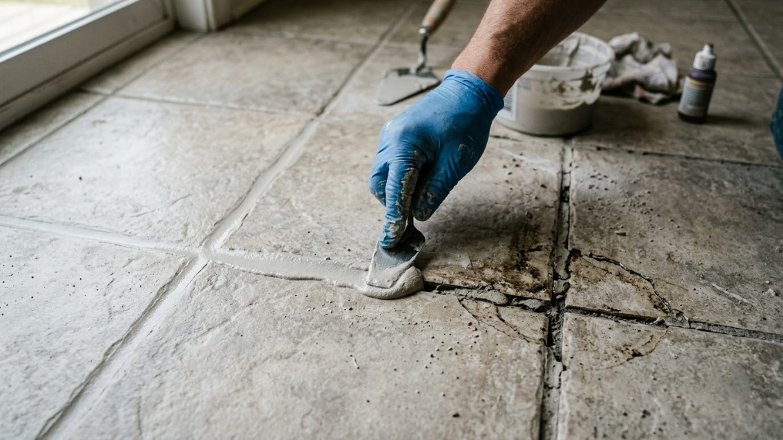 Gloved hand applying sealant to cracks in a concrete floor, with repair tools nearby