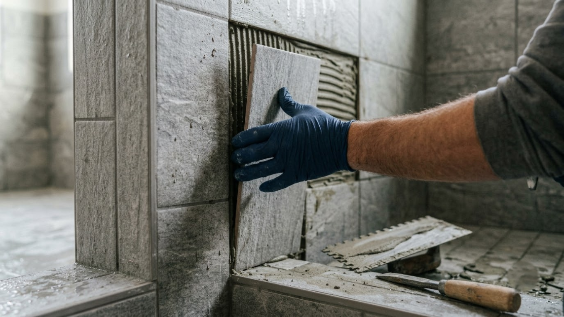 Gloved hand removing a vent cover on a concrete wall in a construction area