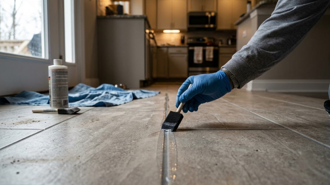 Gloved hand applying sealant to a wooden floor seam in a kitchen renovation