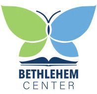 Logo for Bethlehem Center. Features a butterfly shape in green and blue over an open book.