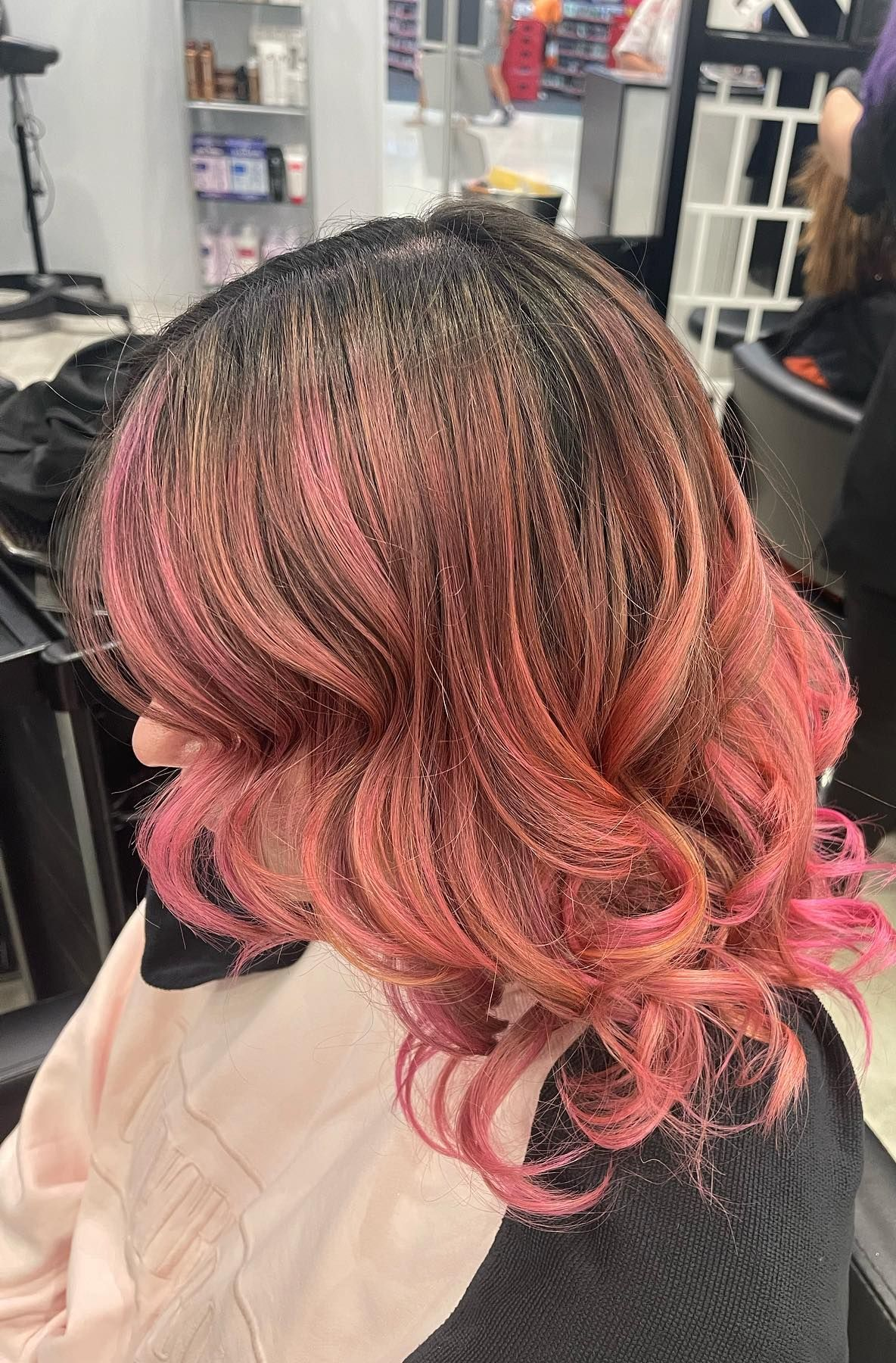 Woman With Black Roots and Pink Ombre Wavy Hair — Wow! Excellence in Hair in Toowoomba, QLD